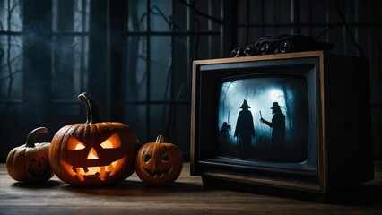 Fototapeta premium Scary movie marathon setup with pumpkins, candle, skull, and clapperboard