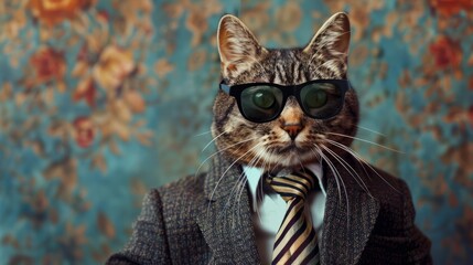 Fototapeta premium A cat wearing sunglasses and a suit with a tie. Generative AI image. hyper realistic 