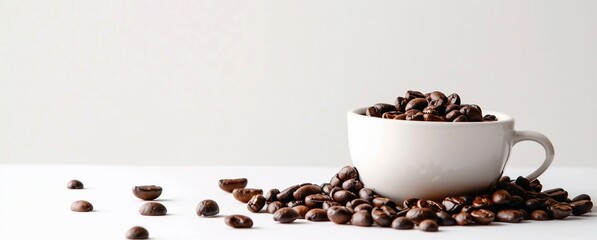 White background with coffee beans and a cup of a hot drink, mockup