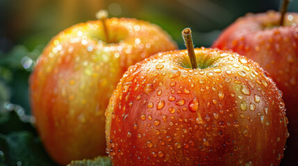 Three apples are sitting on a leaf, with water droplets on their skin