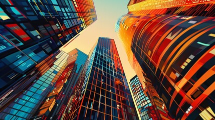 A colorful cityscape with tall buildings and a bright blue sky