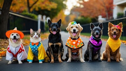 Adorable costumed pets including dogs and cats in a festive autumn parade on the street