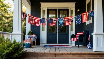 Decorated front porch with patriotic bunting flags and a wooden bench