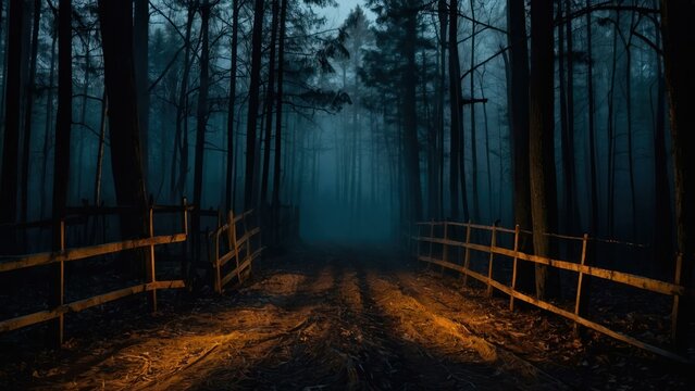 Haunted hayride through dark forest with jack o lanterns glowing in the eerie night