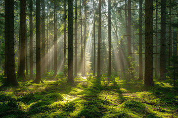 Obraz premium Beautiful forest with tall trees and sunlight shining through the branches in Germany, Europe. Sunbeams in the green pine tree forest landscape with mossy ground