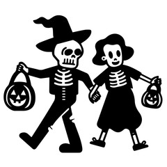 ハロウィンの仮装をする男女のカップルの可愛いシンプルな落書きベクターイラスト