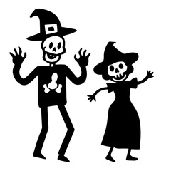ハロウィンの仮装をする男女のカップルの可愛いシンプルな落書きベクターイラスト