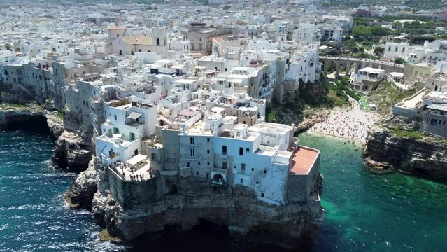 Aerial 4K footage of the seaside town of Polignano a Mare in the Apulia region of southern Italy