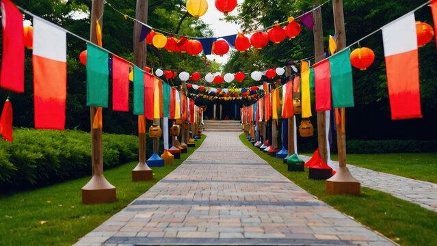 Pathway lined with red lanterns and flags leading to a festival celebration