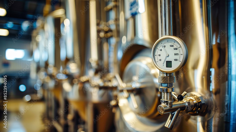 Poster a close-up image of a temperature sensor attached to a stainless steel brewing tank in a modern brew