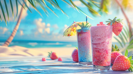A strawberry smoothie sits on a beach table with a tropical beach in the background. The smoothie is topped with a strawberry and a straw, and it is surrounded by other fruits