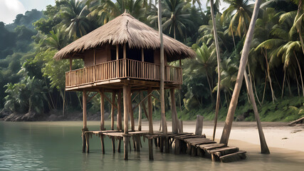 hut on stilts, 4 solid wooden posts like the posts of a hut,exactly 4, not more