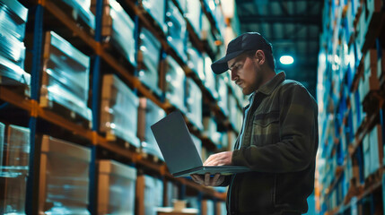 A warehouse worker checks inventory on a laptop in a dimly lit distribution center