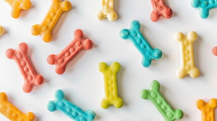Colorful dog treat pattern in bone shape on white background ideal for dog lovers