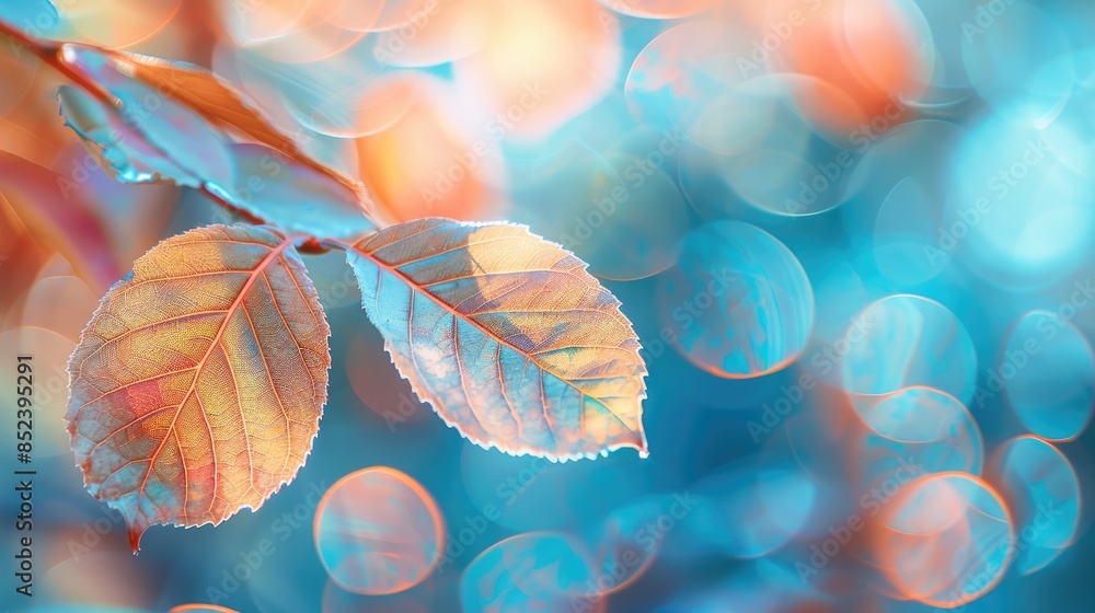 Aufkleber abstract background with a light blue backdrop a blurred leaf and bokeh circles created by illuminat