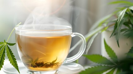 Aromatic Cannabis Herbal Tea Close-Up with Soothing Earthy Tones