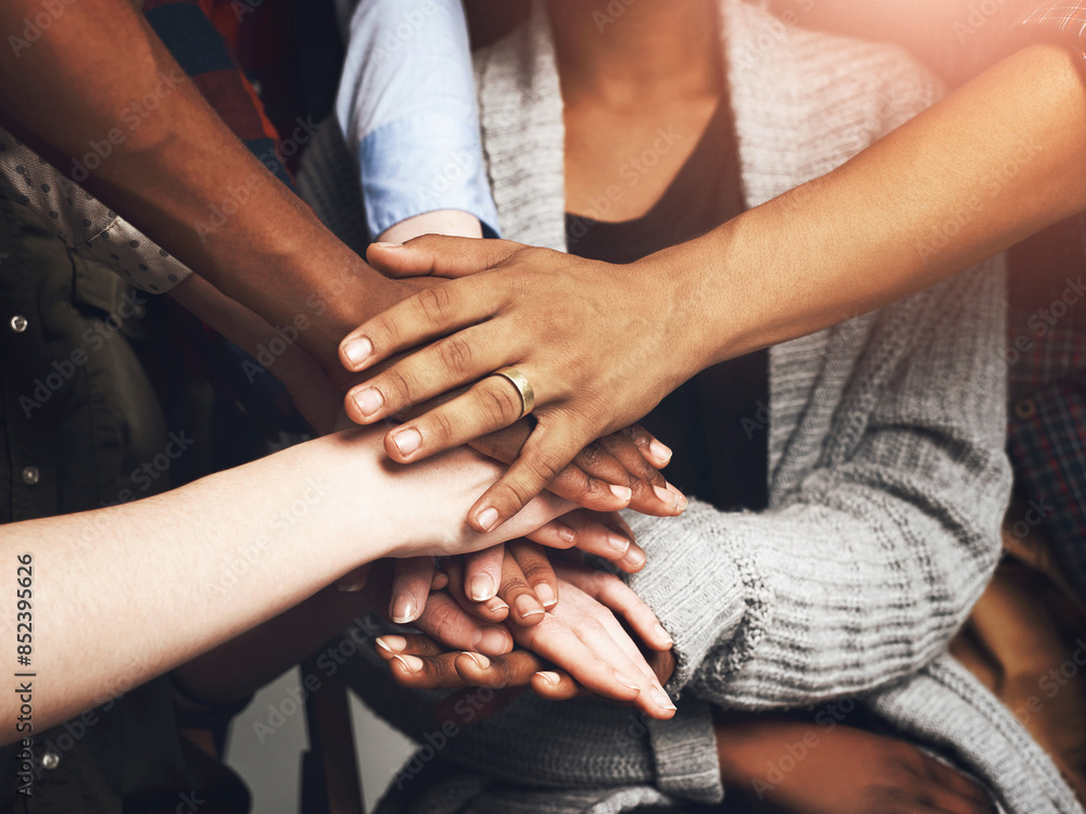 Poster hands, stack and group in circle with support, solidarity and connection for synergy with people. te
