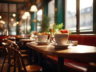 Light streams through a cafe window, illuminating a wooden table set for breakfast with two chairs