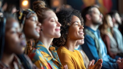 Diverse Friends Worshiping Together in Modern Church Sanctuary