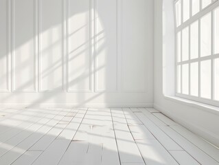 Obraz premium Empty white room with white wall, wooden floor and big window. Studio or office blank space. Empty template for interior product. Background for branding design showcase with copy space