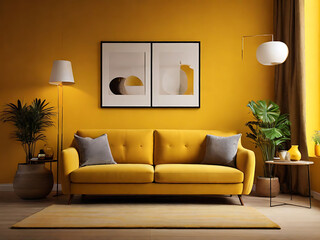 Light-filled modern living room with a comfy sofa and stylish furniture creates an inviting atmosphere