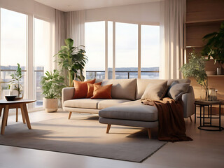 Fototapeta premium Modern living room with a plush sofa and sleek wooden table creates a comfortable and stylish space