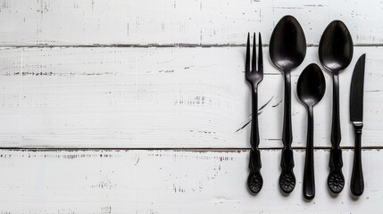 Black classy rustic silverware on white wooden table Overhead perspective with blank area