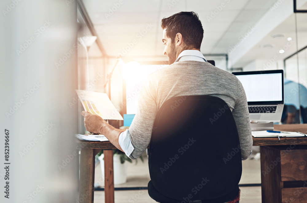 Poster businessman, document and laptop with research for project feedback and email notification for repor