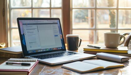 Close-up photo of an open laptop screen and a cup of warm coffee. Window background with morning sunlight coming in