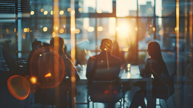 Business open modern office daytime daylight with blurred people in smart casual wear having a meeting. Working culture chill happy enjoy workplace work life balance plant women men employee design