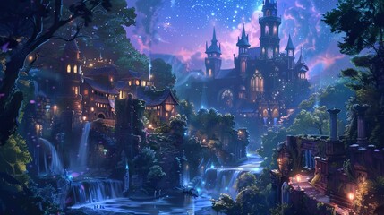 Fototapeta premium Enchanted Nighttime Castle with Cascading Waterfalls
