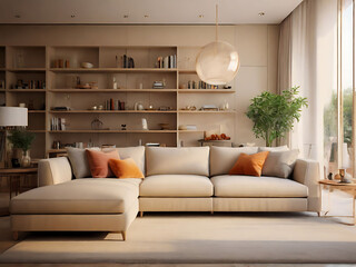 Light-filled modern living room with a comfy sofa and stylish furniture creates an inviting atmosphere