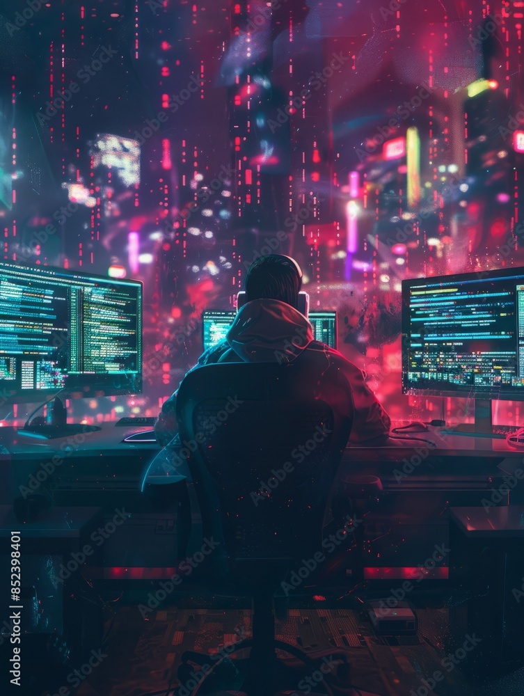 Poster person sitting in front of multiple computer monitors lit up with code.