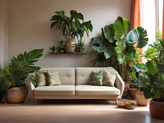 Light-filled modern living room interior features potted plants for a touch of nature