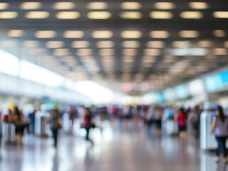 A blurred , bokeh busy urban scene with travelers hurrying through a brightly lit airport terminal, a subway station, and a crowded underground train