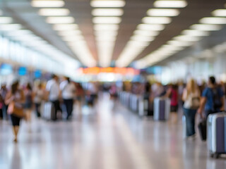 A blurred , bokeh busy urban scene with travelers hurrying through a brightly lit airport terminal, a subway station, and a crowded underground train
