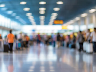 Fototapeta premium A blurred , bokeh busy urban scene with travelers hurrying through a brightly lit airport terminal, a subway station, and a crowded underground train