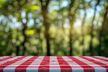 Close up countertop with red and white checkered table cloth on blured nature background, for your product