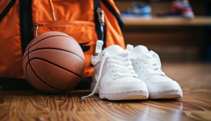 Close-up photo of new white school shoes placed next to basketball and backpack. The background is the school's wooden floor