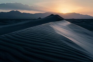 Photo of white sand dunes in the New Mexico desert at sunset, taken from a low angle, with high contrast in a dark and moody style. Black sand dune ripples can be seen with mountains in the background