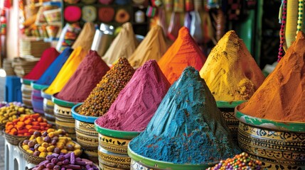 The vibrant street markets of Marrakech, Morocco, filled with colorful spices and textiles