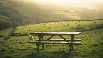 A wooden picnic table sits in a grassy field with a few sheep grazing nearby