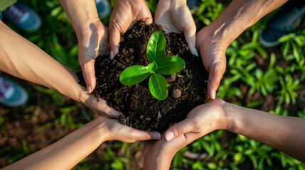 Hands Holding a Small Green Plant Growing in Soil - Photo