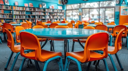 A close-up view of a blue table surrounded by orange chairs in a brightly colored childrens library reading area
