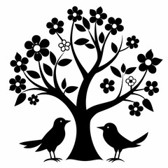 Tree with flowers vector art silhouette illustration.