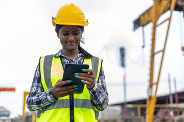 A mechanical engineer using software or application through electronic device or tablet or gadget to work in a construction site.
