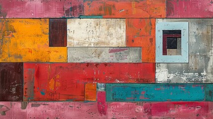 Abstract Geometric Wooden Panel with Colorful Paint Splashes.