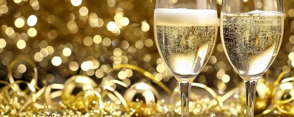 A close-up of two glasses of sparkling wine with a festive, blurry background of golden lights and...
