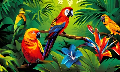 A tiger sits calmly amidst a vibrant jungle scene, surrounded by lush foliage and tropical flowers. Two colorful birds, a red and orange one in flight and a blue and red parrot perched on a branch, ad