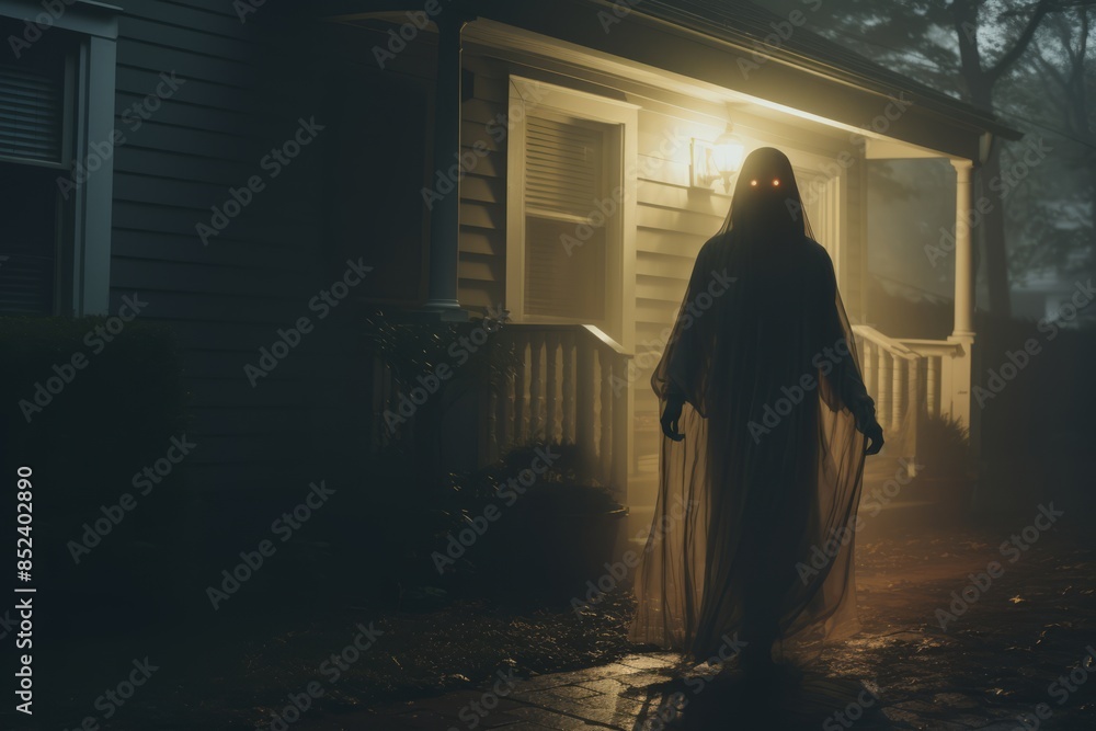 Poster a person in a ghost costume standing in front of a house at night